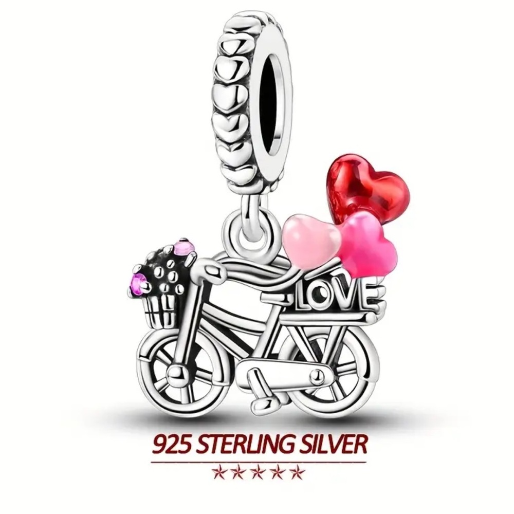 925 Sterling Silver Bicycle Charm Pendant with Heart Accents and “Love”